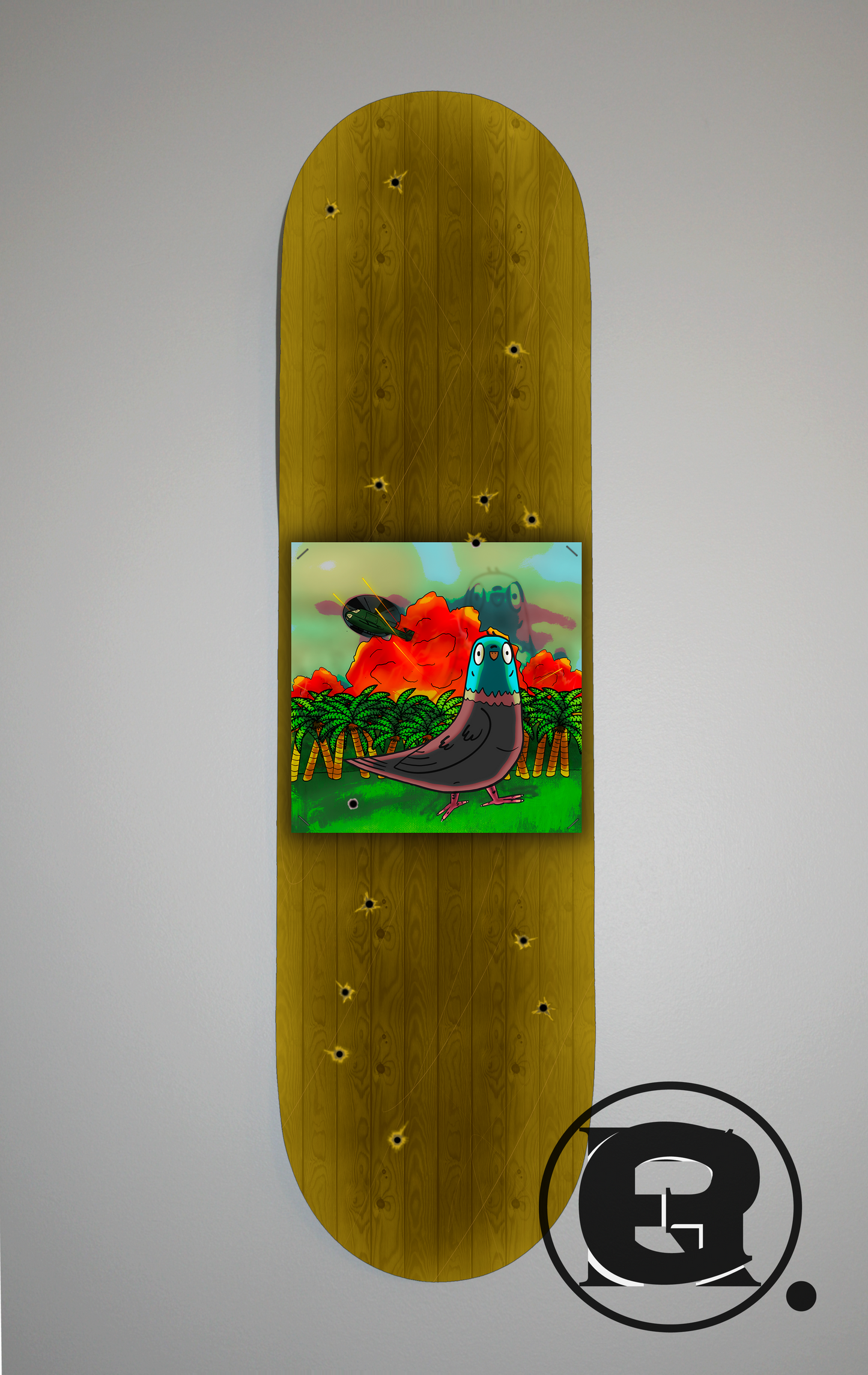 This board features a wooden plank wall appearance with bullets holes in it, at the centre is a piece of paper with a pigeon standing with a shocked look infront of a vietnam warzone.