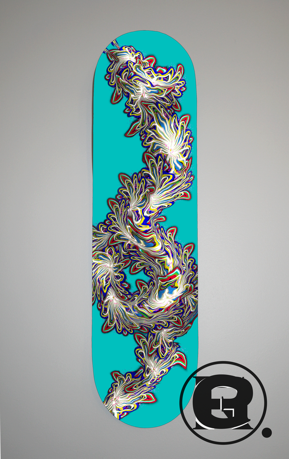 Featuring a bright blue background, is a large swirling stream of colourful tinsel like pattern, in the figure of a long coiling dragon.