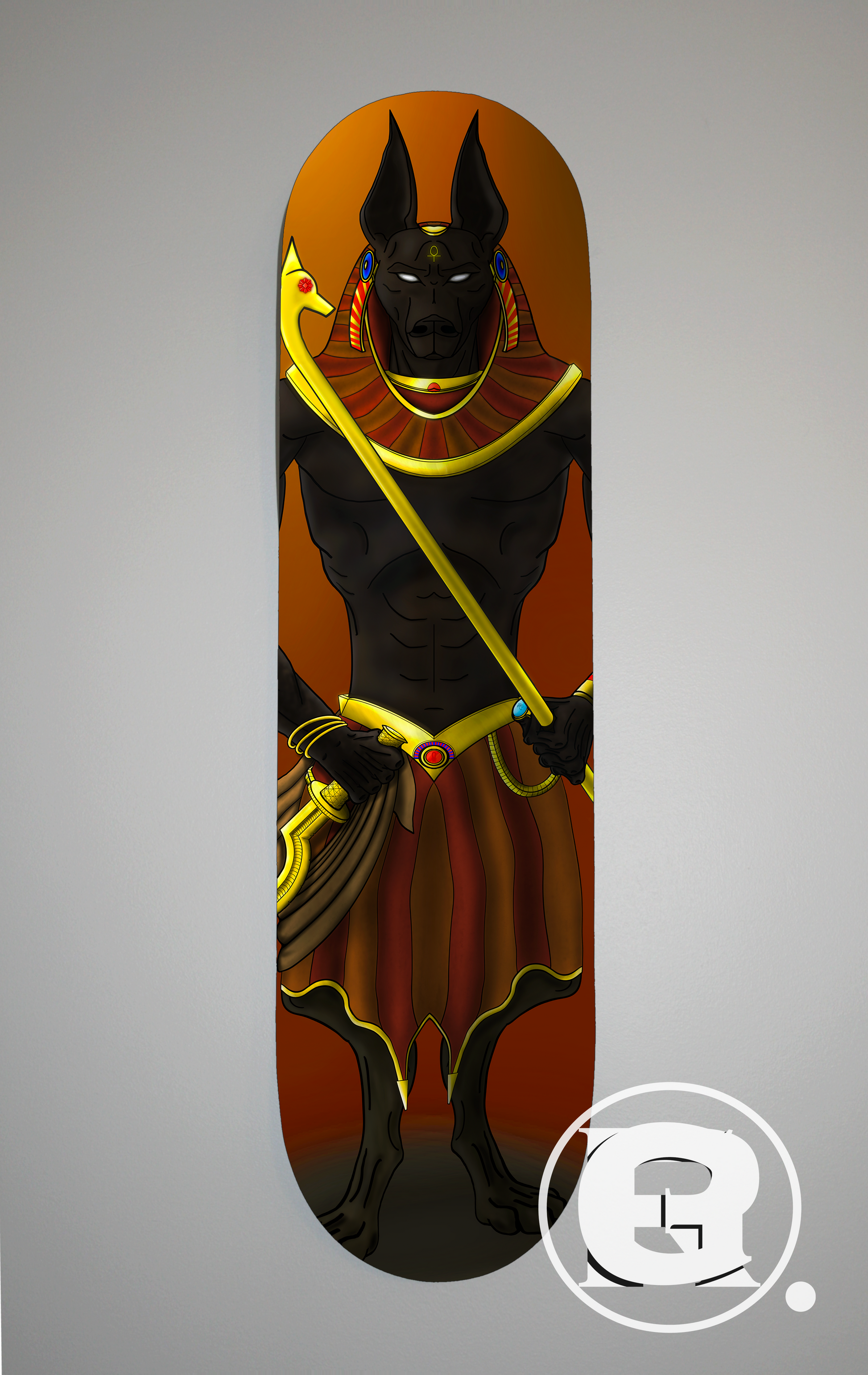 Featuring Anubis Egyptian god of the dead, lord of the underworld, often associated with strength and resilience. A towering figure with the head of a jackal and a golden staff.
