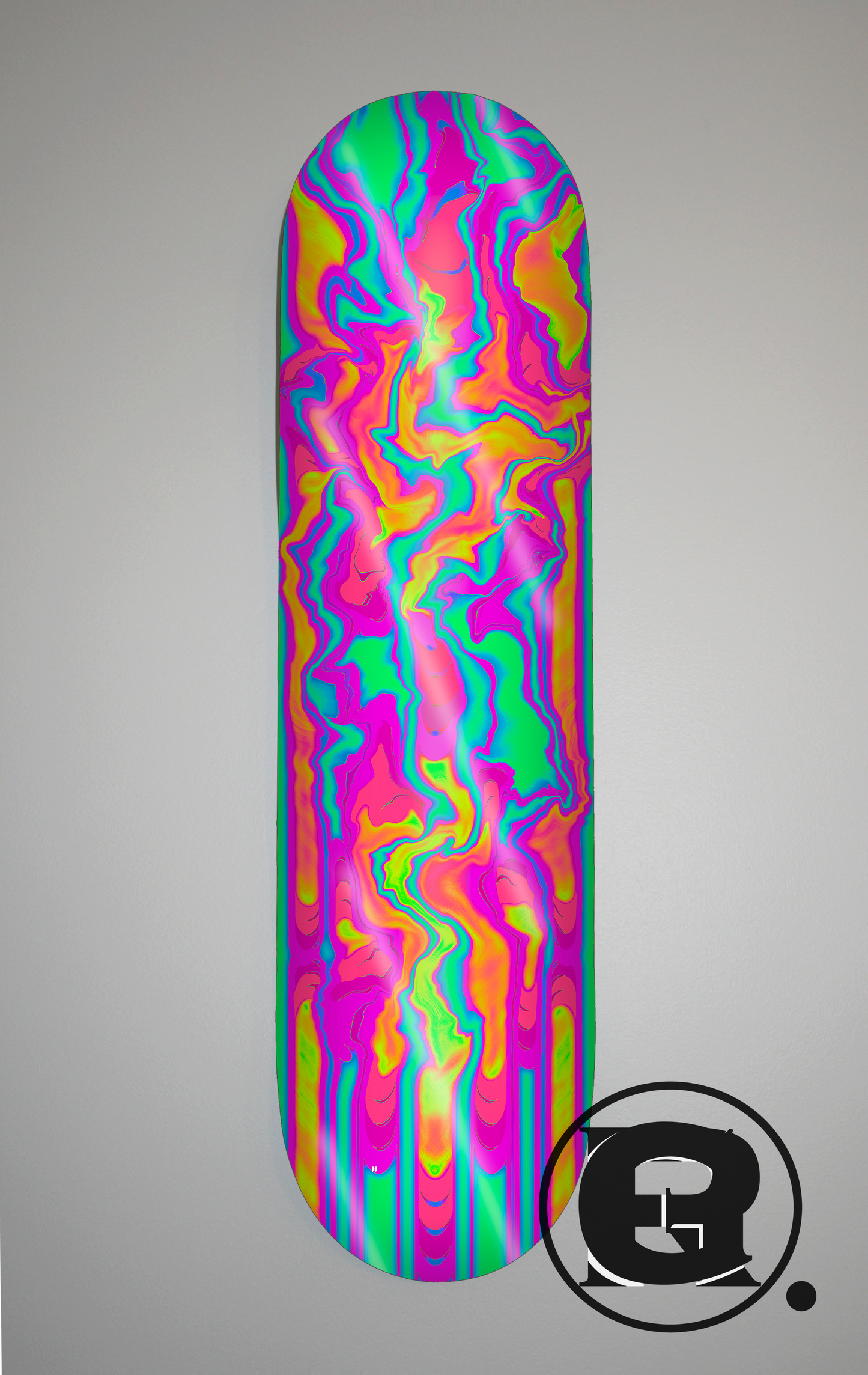 A swirling mix of pinks, blues and oranges, this a feature of movement and fluidity.