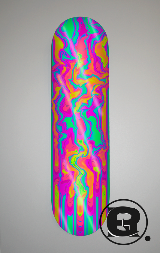 A swirling mix of pinks, blues and oranges, this a feature of movement and fluidity.