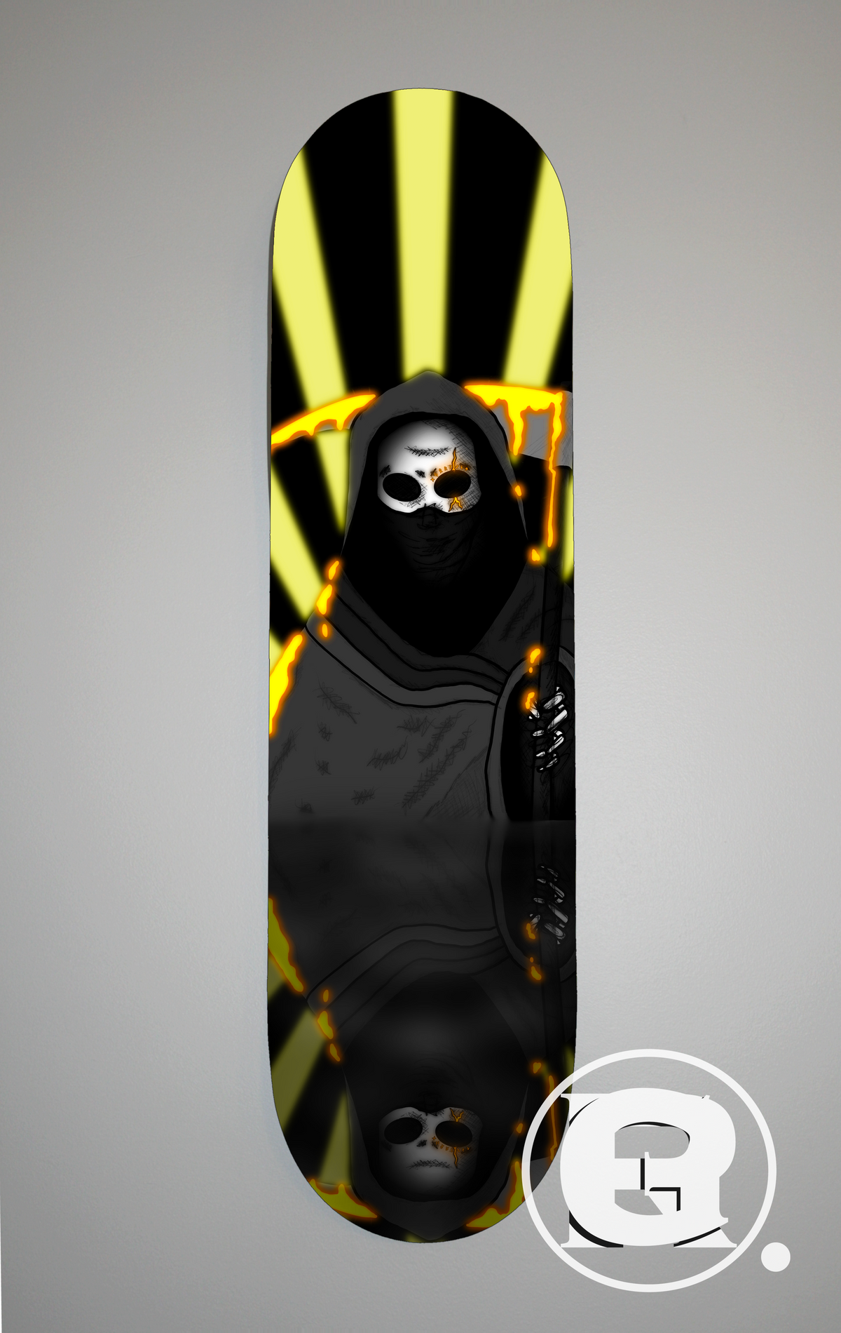Grim the reaper has risen using a powerful strange glowing goop, harness the power of the goop with every ride, while Grim watches your back every step of the way. The board features a dark character with a scythe and beams of light behind it.