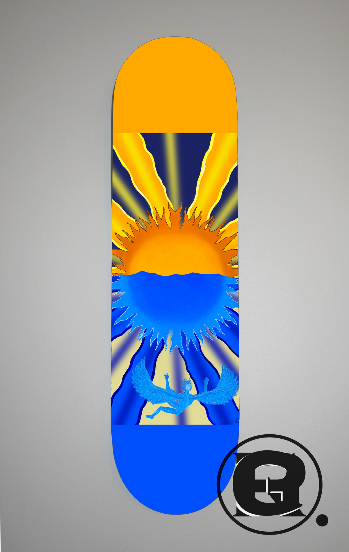 Featuring an orange and blues sun split, this tells a stylised representation of tale of Icarus, the son whose father Daedalus made him a masterfuly crafted pair of wax wings, this is a story of hubris and pride, Icarus who was warned not to fly too high, eventually flew too close to the sun where his wings were melted off, leaving him to fall through the sky to his tragic fate. 