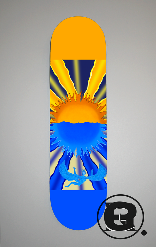 Featuring an orange and blues sun split, this tells a stylised representation of tale of Icarus, the son whose father Daedalus made him a masterfuly crafted pair of wax wings, this is a story of hubris and pride, Icarus who was warned not to fly too high, eventually flew too close to the sun where his wings were melted off, leaving him to fall through the sky to his tragic fate. 