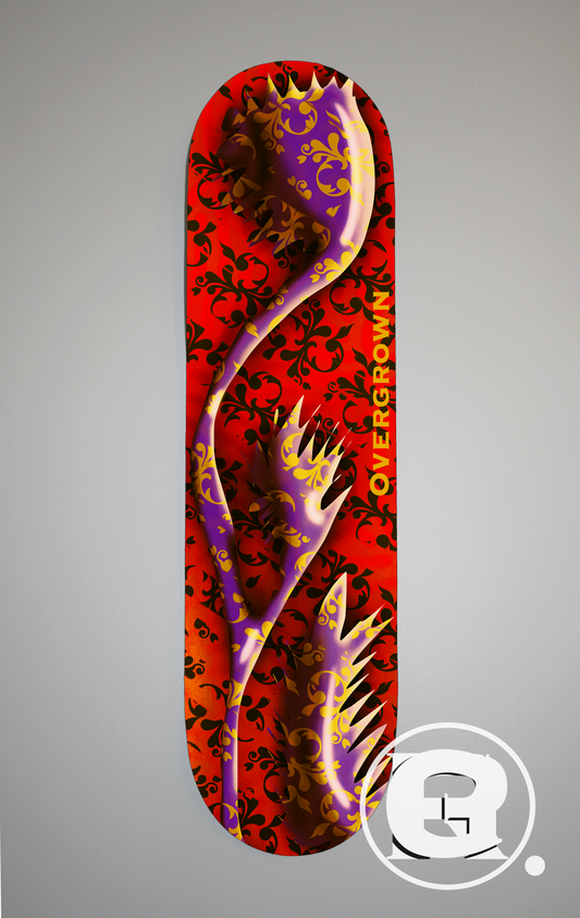 Featuring a red background with a regal looking wallprint pattern, and a metalic looking thistle flower that is oddly 3D.
