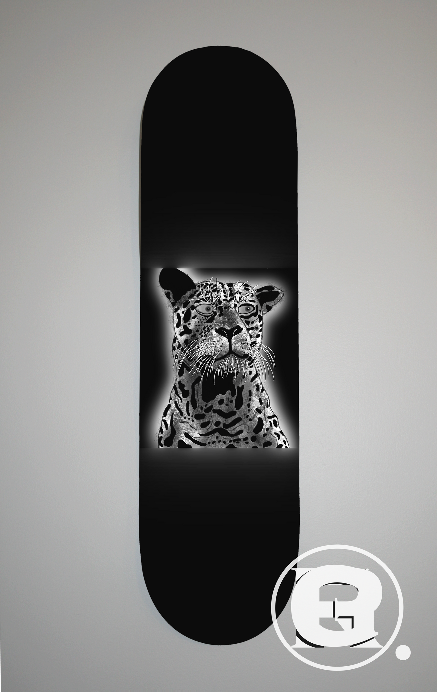 A black and white drawing of a jaguar but with very human eyes, giving an unsettling aura.