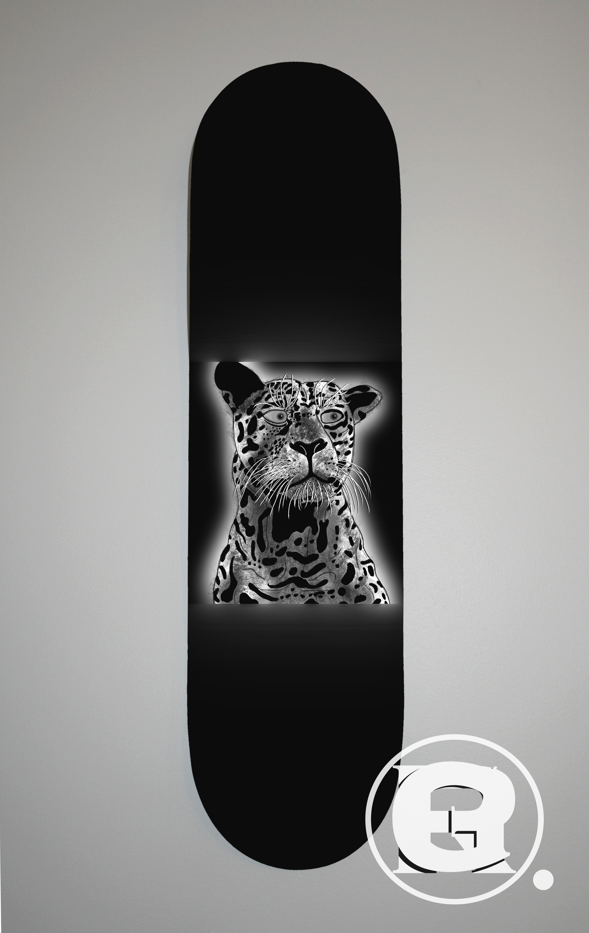 A black and white drawing of a jaguar but with very human eyes, giving an unsettling aura.