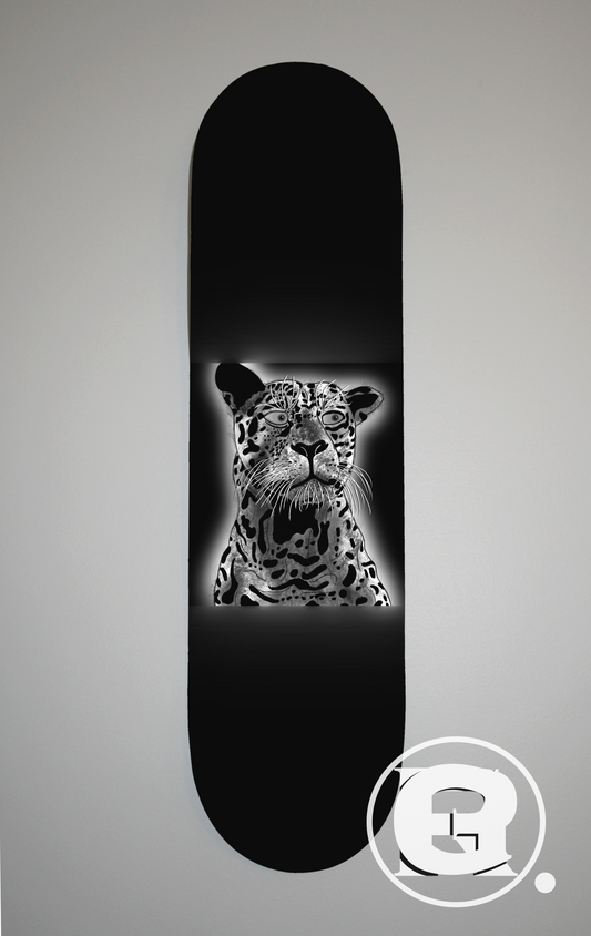 A black and white drawing of a jaguar but with very human eyes, giving an unsettling aura.