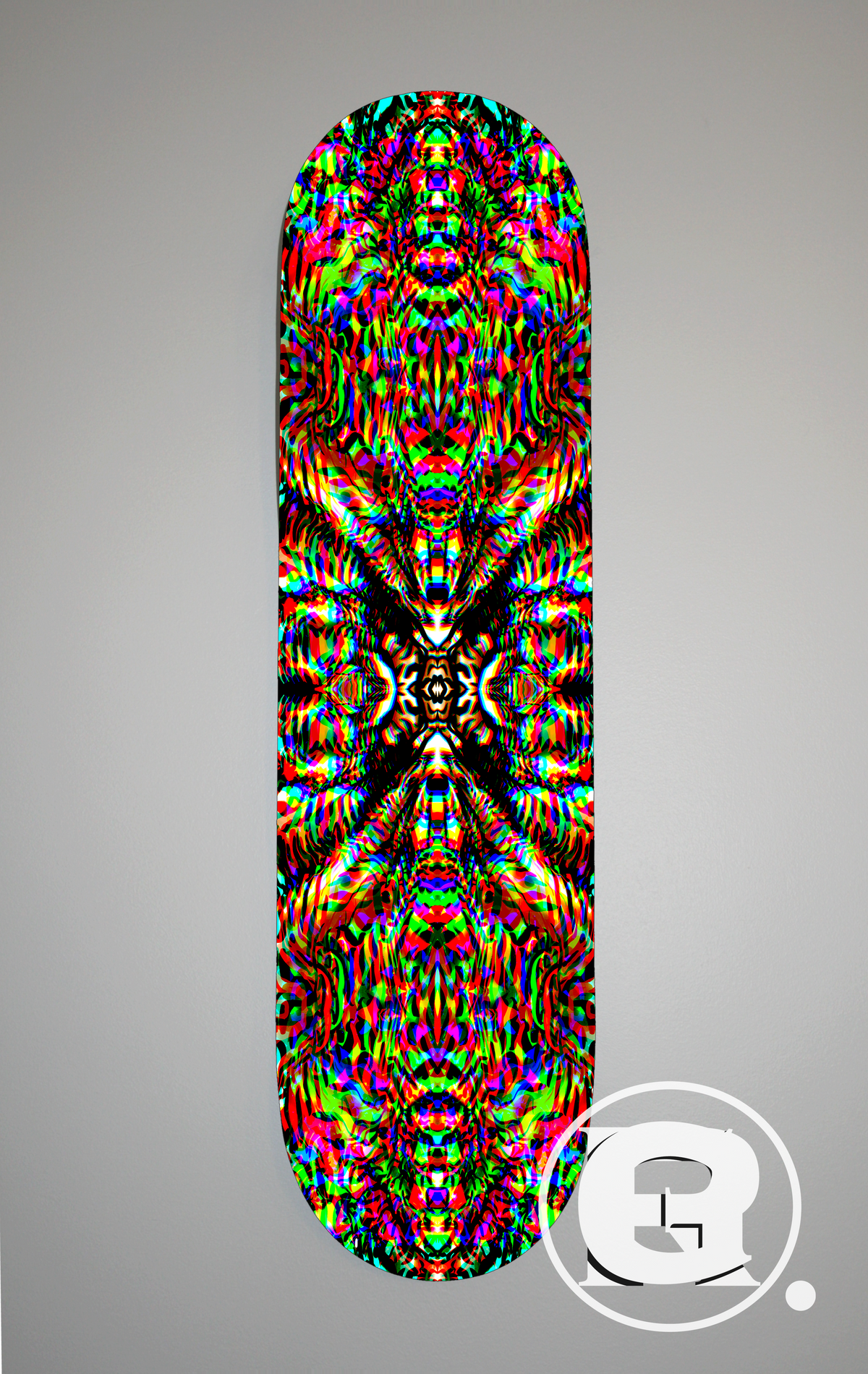 A Kaleidoscopic swirling geometric pattern made out of a zebras stripe pattern, the overall pattern is very psychedelic in nature.