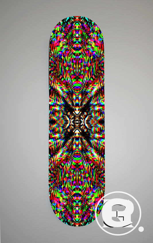 A Kaleidoscopic swirling geometric pattern made out of a zebras stripe pattern, the overall pattern is very psychedelic in nature.